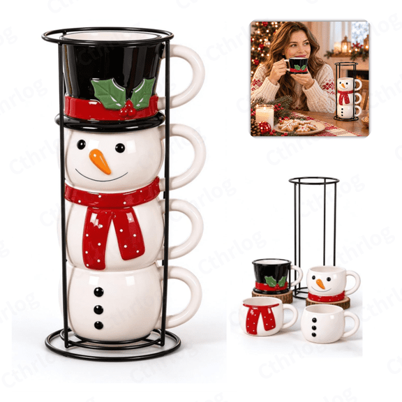 Christmas Snowman Stacking Cup Set, Stackable Ceramic Mugs for Hot Cocoa Coffee Tea with Metal Stand, Tasteful Christmas Decorations Indoor, Heartwarming Christmas Gifts, Cute Seasonal Drinkware
