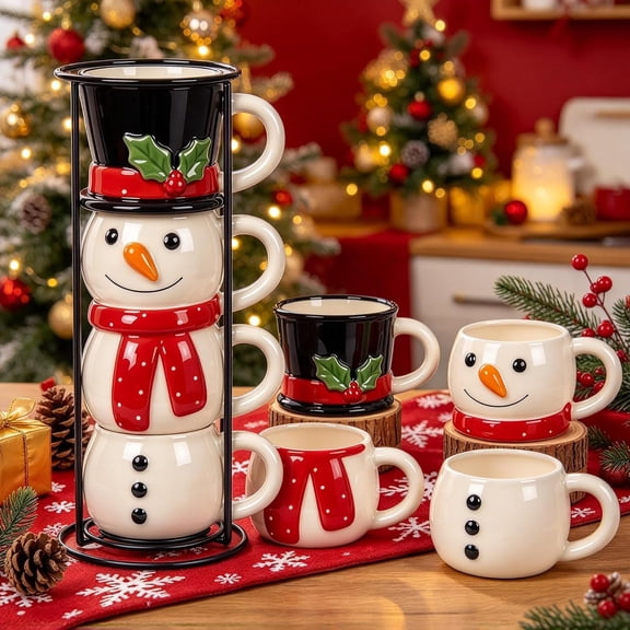 Christmas Snowman Stacking Cups, 4-Piece Snowman Stacking Mugs with Metal Display Stand, Christmas Table Centerpiece, Holiday for Coffee Tea Lovers