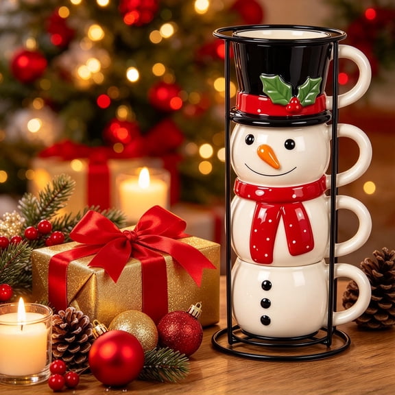 Christmas Snowman Stacking Cups, Ceramic Mug Set, 12 OZ, Christmas Kitchen Table Centerpiece Mug Gift Set