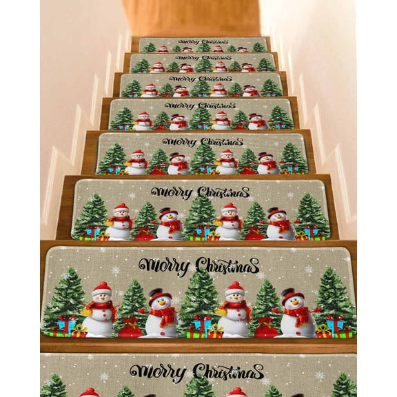Christmas Snowman Stair Treads for Wooden Steps Indoor Runner Rug Carpet, Brown Winter Snowflake Xmas Pine Tree 4 Pieces Peel and Stick Staircase Step Treads Covers Washable Throw Door Mats, 30"x8"