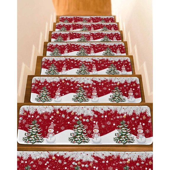 Christmas Snowman Stair Treads for Wooden Steps Indoor Runner Rug Carpet, Red Xmas Tree Silver Pine Tree Winter 4 Pieces Peel and Stick Staircase Step Treads Covers Washable Throw Door Mats, 30"x8"
