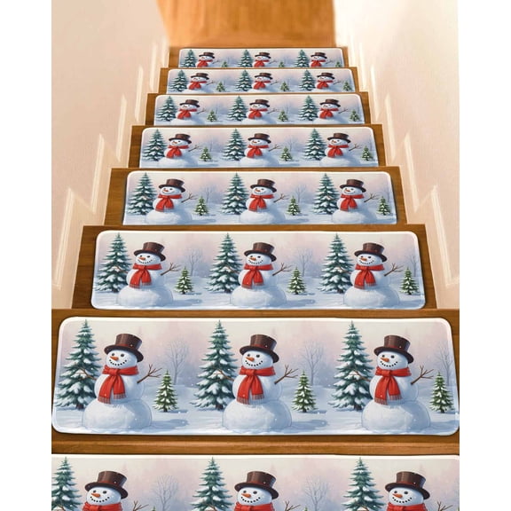 Christmas Snowman Stair Treads for Wooden Steps Indoor Runner Rug Carpet,Winter Green Tree Cute Xmas Snows Pine 10 Pieces Peel and Stick Staircase Step Treads Covers Washable Throw Door Mats,30"x8"