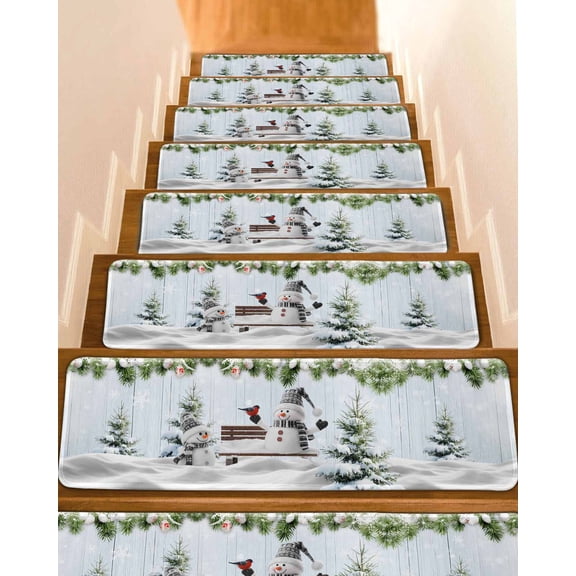 Christmas Snowman Stair Treads for Wooden Steps Indoor Runner Rug Carpet, Xmas Pine Tree Cardinal Birds Snowy 4 Pieces Peel and Stick Staircase Step Treads Covers Washable Throw Door Mats, 30"x8"