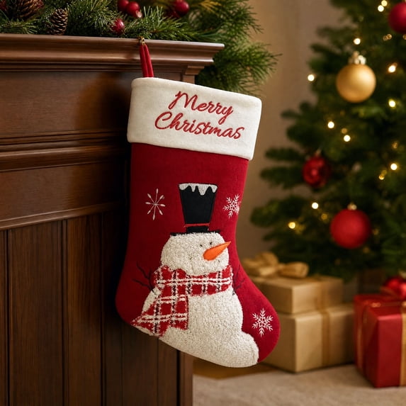 Christmas Snowman Stocking Bag, Gift Bag Ornament Pendant with Festive Design and Classic Style, Tree Hanging for Home, Fireplace, Holiday, Party, Seasonal, Gift, Decor, Green