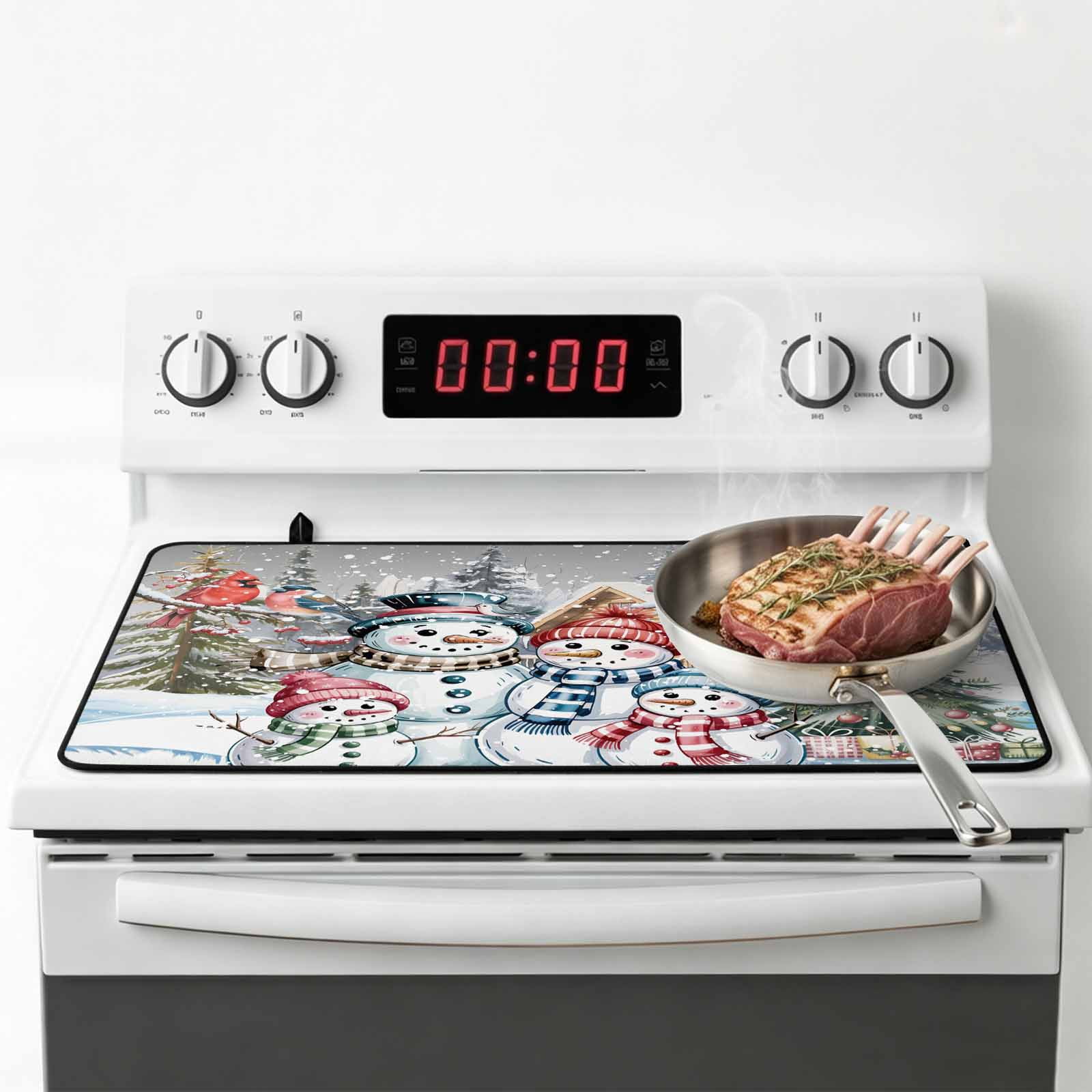 Christmas Snowman Stove Top Cover for Electric Stove, Heat-proof & Non Slip Glass Top Stove Cover Protector, Winter Watercolor Xmas Tree Cardinal Kitchen Flat Cooktop Rubber Mat 24x21 Inches