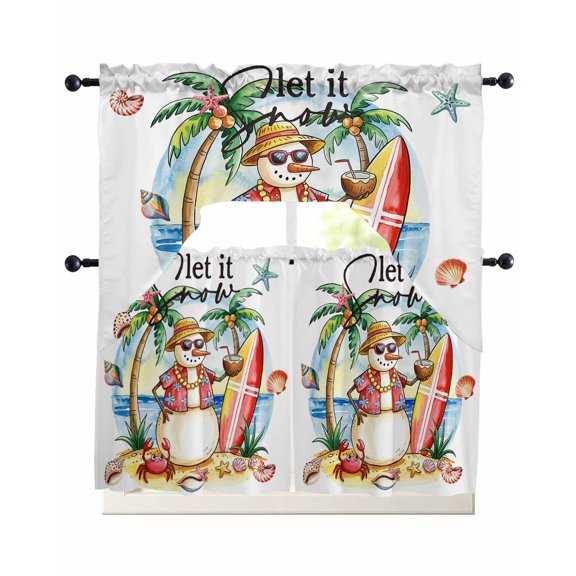 Christmas Snowman Swag Curtains for Living Room/Bedroom Windows, Winter Coastal Beach Palm Tree Xmas Kitchen Curtains and Valances Set 36 Inch Length, Light Filtering Swags Valance Curtain Panels