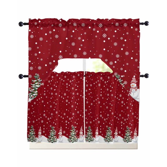 Christmas Snowman Swag Kitchen Curtains Sets for Windows 24 Inch Length, Winter Xmas Trees Snowflakes Red Short Window Curtain Panels Swags Valances and Tiers 3 Piece Set for Cafe/Dining Room
