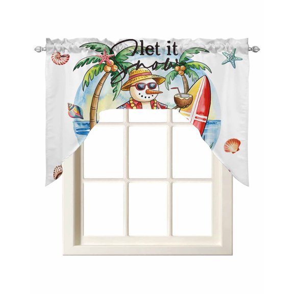 Christmas Snowman Swag Valances for Windows, Small Curtains Drapes, Winter Coastal Beach Palm Tree Xmas Kitchen Window Curtains Over Sink Window Treatment Valance for Bedroom/Bathroom 56"x36"