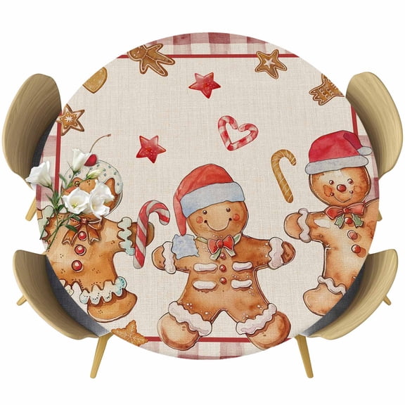 Christmas Snowman Table Cloth, Round Fitted Tablecloths with Elastic Edge, Winter Red Star Love Heart Red Check Wipeable Waterproof Table Cover for Kitchen Wedding 55-60 Inches