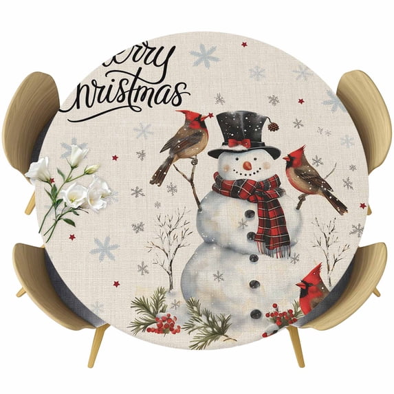 Christmas Snowman Table Cloth, Round Fitted Tablecloths with Elastic Edge, Winter Xmas Snowflakes Cardinal on Linen Wipeable Waterproof Table Cover for Kitchen Wedding 45-54 Inches