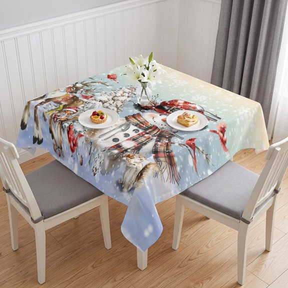Christmas Snowman Table Cloth Waterproof Tablecloths, Rainbow Xmas Tree Elk Winter Snowflake Tablecloth Dining Table Cover for Kitchen Party Tabletop Outdoor, Square Tablecloth 54x54 Inch