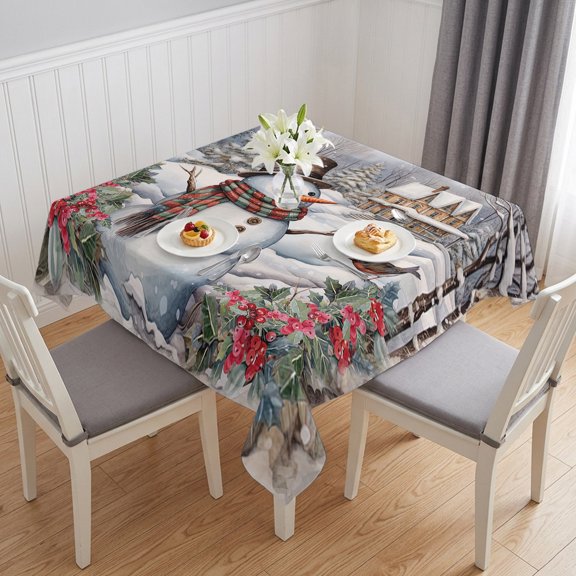 Christmas Snowman Table Cloth Waterproof Tablecloths, Vintage Xmas Tree Poinsettia Winter Snowflake Tablecloth Dining Table Cover for Kitchen Party Tabletop Outdoor, Square Tablecloth 54x54 Inch