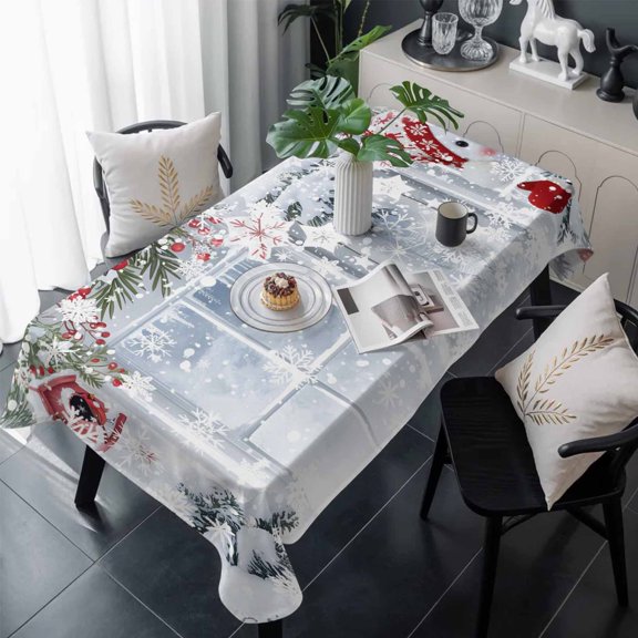Christmas Snowman Table Cloth Waterproof Tablecloths, Winter Xmas Tree Berries Snowflakes Tablecloth Dining Table Cover for Kitchen Party Tabletop Outdoor, Rectangle Tablecloth 60x120 Inch
