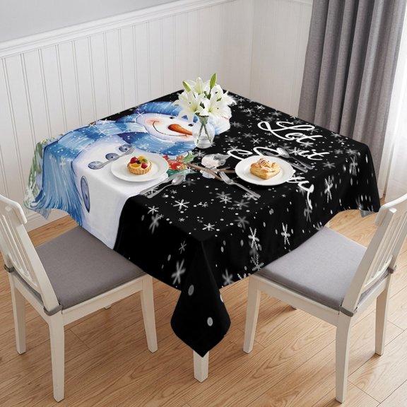 Christmas Snowman Table Cloth Waterproof Tablecloths, Xmas Birds Winter Snowflake Classic Black Tablecloth Dining Table Cover for Kitchen Party Tabletop Outdoor, Square Tablecloth 54x54 Inch