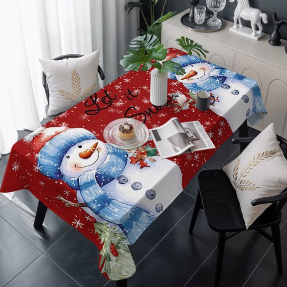 Christmas Snowman Table Cloth Waterproof Tablecloths, Xmas Birds Winter Snowflake Red Tablecloth Dining Table Cover for Kitchen Party Tabletop Outdoor, Rectangle Tablecloth 60x120 Inch