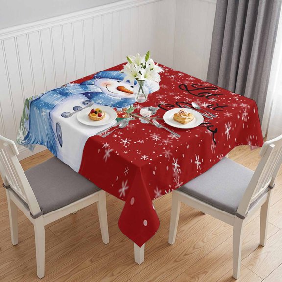 Christmas Snowman Table Cloth Waterproof Tablecloths, Xmas Birds Winter Snowflake Red Tablecloth Dining Table Cover for Kitchen Party Tabletop Outdoor, Square Tablecloth 54x54 Inch