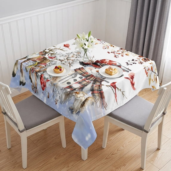 Christmas Snowman Table Cloth Waterproof Tablecloths, Xmas Snowflake Elk Eucalyptus Leaves Tablecloth Dining Table Cover for Kitchen Party Tabletop Outdoor, Square Tablecloth 54x54 Inch