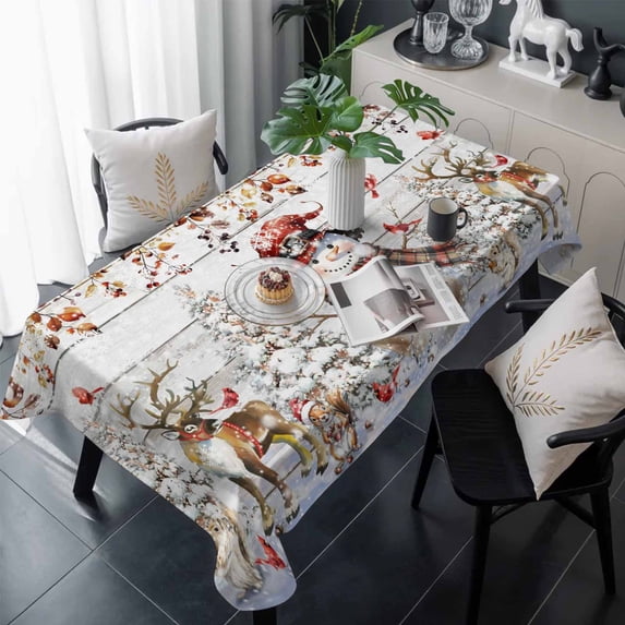 Christmas Snowman Table Cloth Waterproof Tablecloths, Xmas Tree Snowflake Eucalyptus Wooden Tablecloth Dining Table Cover for Kitchen Party Tabletop Outdoor, Rectangle Tablecloth 54x108 Inch