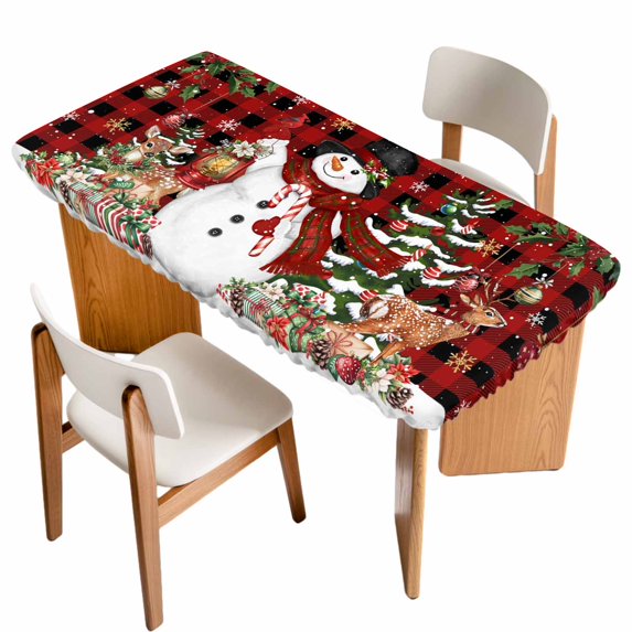Christmas Snowman Table Cloths for 3 Foot Rectangle Tables, Xmas Snowflake Elk Tree Balls Red Plaid Patio Waterproof Elastic Fitted Tablecloths, Washable Rectangular Table Cover for Camping