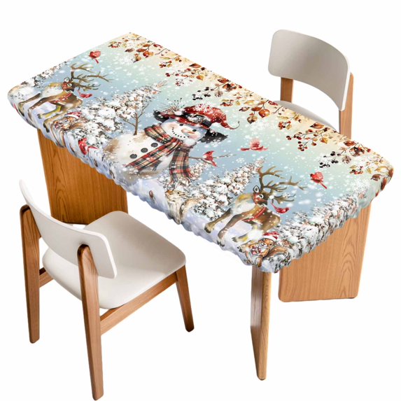 Christmas Snowman Table Cloths for 4 Foot Rectangle Tables, Xmas Tree Snowflake Eucalyptus Patio Waterproof Elastic Fitted Tablecloths, Washable Rectangular Table Cover for Camping