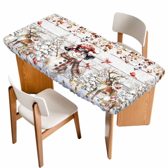 Christmas Snowman Table Cloths for 6 Foot Rectangle Tables, Xmas Tree Snowflake Eucalyptus Wooden Patio Waterproof Elastic Fitted Tablecloths, Washable Rectangular Table Cover for Camping