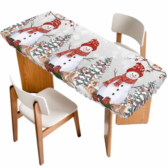 Christmas Snowman Table Cloths for 8 Foot Rectangle Tables, Xmas Tree Cardinal Birds Winter Snowflakes Patio Waterproof Elastic Fitted Tablecloths, Washable Rectangular Table Cover for Camping