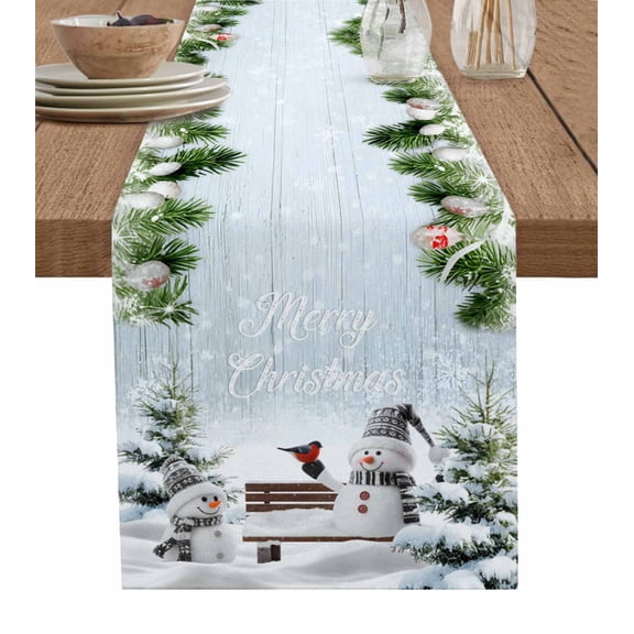 Christmas Snowman Table Runner 108 Inches, Xmas Pine Tree Cardinal Birds Snowy Bed Runner Dresser Scarves Tabletop for Indoor Outdoor Parties/Ceremony/Banquet, 13"x 108"