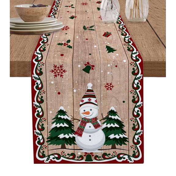 Christmas Snowman Table Runner 36 Inches, Xmas Tree Snowflake Wooden Winter Bed Runner Dresser Scarves Tabletop for Indoor Outdoor Parties/Ceremony/Banquet, 13"x 36"