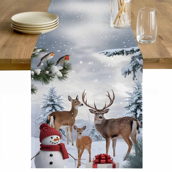 Christmas Snowman Table Runner 48 Inches Long Farmhouse Dress Scarves, Xmas Deer Winter Birds Snows Pine Tree Dining Tablerunner for Coffee Table/Kitchen Island/Party Décor, 13" x 48"