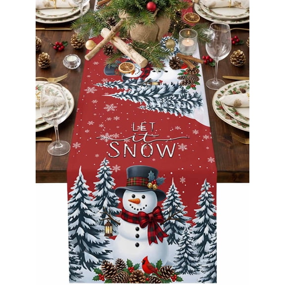 Christmas Snowman Table Runner 48 Inches Long, Rustic Winter Snowy Pine Tree Woodland Red Cotton Linen Dining Table Runner Dresser Scarves for Home Kitchen Party Decor 13"x48"