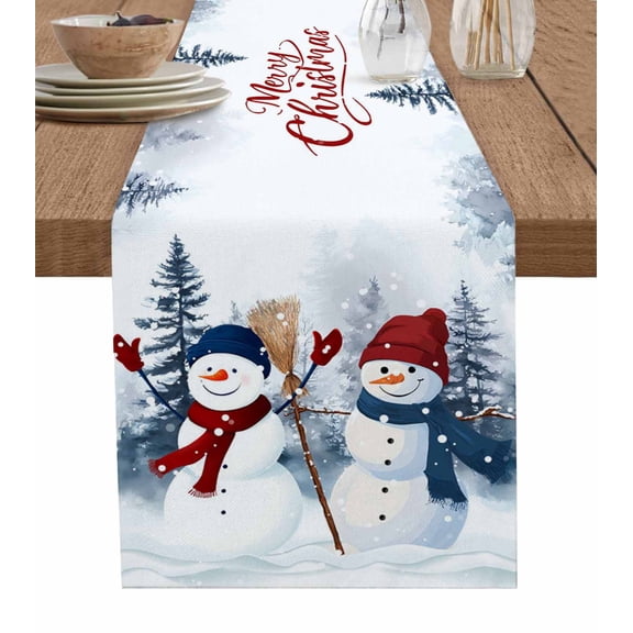 Christmas Snowman Table Runner 48 Inches, Xmas Tree Winter Snowflakes Holiday Bed Runner Dresser Scarves Tabletop for Indoor Outdoor Parties/Ceremony/Banquet, 13" x 48"