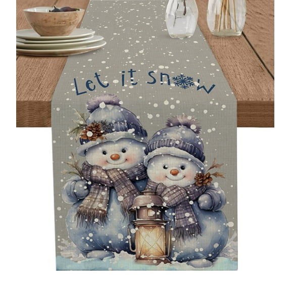 Christmas Snowman Table Runner Winter Snowflake Grey Rustic Burlap Tablerunners 13 x 60 Inch, Table Decorations Tabletop Scarf for Summer Gathering Holiday Farmhouse Kitchen Dining Decor