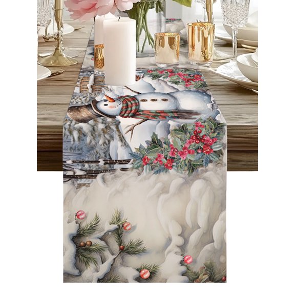Christmas Snowman Table Runners 36 Inches Long Winter Landscape House Kitchen Dining Table Runner Dresser Scarves for Party Coffee Holiday Party Decor
