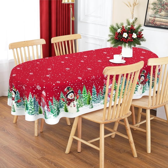 Christmas Snowman Tablecloth, Merry Christmas Table Cloth Waterproof, Winter Xmas Kitchen Table Decor for Dining Holiday Party 60x120 Inch Oval