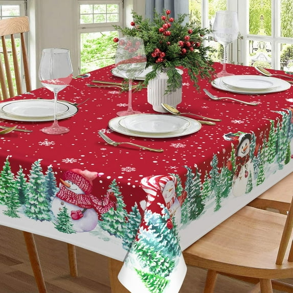 Christmas Snowman Tablecloth - Waterproof Merry Xmas Table Cloth for Kitchen, Dining, Holiday Party - Winter Decor 60x102 Inch Rectangle