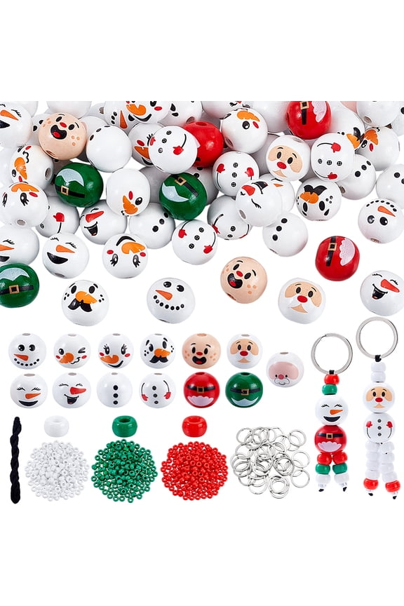 Christmas Snowman Theme DIY Jewelry Making Kits including Wood Beads Plastic Beads Iron Split Key Rings and Polyester Cord Mixed Color