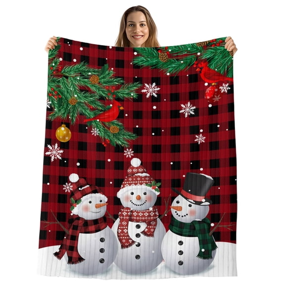 Christmas Snowman Throw Blanket, Flannel Fleece Blanket with Striped Design for Couch, Buffalo Plaid Xmas Pine Branch Snowflake Soft Breathable All Season Plush Blankets for Sofa Office Chair 30"x40"