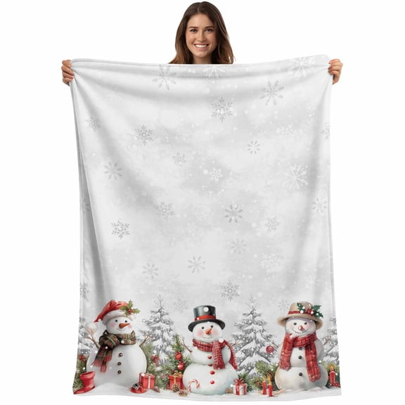 Christmas Snowman Throw Blankets, Winter Snowy Trees Soft Fleece Blanket Decorative for Home Sofa Couch Chair Living Bedroom, 50x60 inches, White Grey