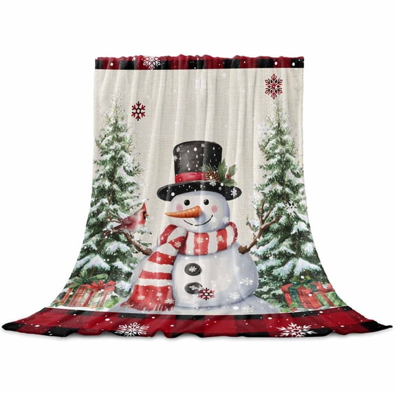 Christmas Snowman Throw Flannel Blanket 32x48In Christmas Tree Snowflakes Red Plaid Linen Texture Super Soft Cozy Bed Blanket, Lightweight Plush Fuzzy Bed Throw for Bedroom Sofa Couch Living Room