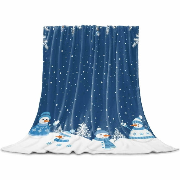 Christmas Snowman Throw Flannel Blanket 32x48In Winter Deep Blue White Snowflakes Super Soft Cozy Bed Blanket, Lightweight Plush Fuzzy Bed Throw for Bedroom Sofa Couch Living Room