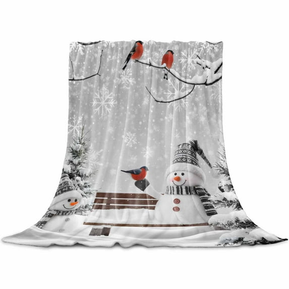 Christmas Snowman Throw Flannel Blanket 32x48In Xmas Tree Snowflake Bird Winter Gray Super Soft Cozy Bed Blanket, Lightweight Plush Fuzzy Bed Throw for Bedroom Sofa Couch Living Room