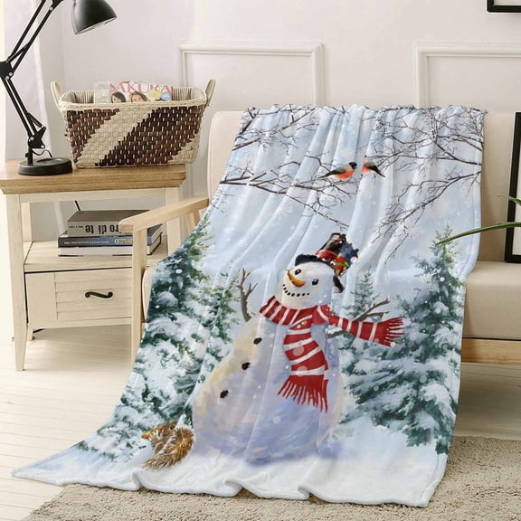 Christmas Snowman Throw Flannel Blanket 40x50In Pine Treea Branches Xmas Winter Snowfall Super Soft Cozy Bed Blanket, Lightweight Plush Fuzzy Bed Throw for Bedroom Sofa Couch Living Room