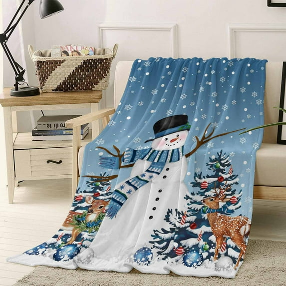 Christmas Snowman Throw Flannel Blanket 40x60In Xmas Tree Deer Winter Blue Ombre Snow Scene Super Soft Cozy Bed Blanket, Lightweight Plush Fuzzy Bed Throw for Bedroom Sofa Couch Living Room