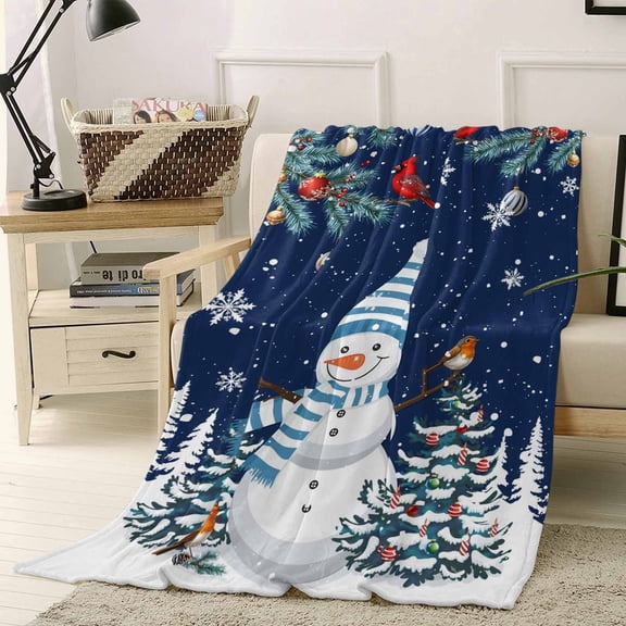Christmas Snowman Throw Flannel Blanket 50x60In Classic Winter Christmas Tree Deep Blue Super Soft Cozy Bed Blanket, Lightweight Plush Fuzzy Bed Throw for Bedroom Sofa Couch Living Room
