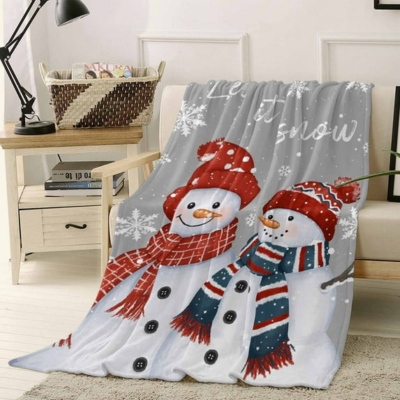 Christmas Snowman Throw Flannel Blanket 50x60In Snowflakes Hat Scarf Winter Cute Grey Super Soft Cozy Bed Blanket, Lightweight Plush Fuzzy Bed Throw for Bedroom Sofa Couch Living Room