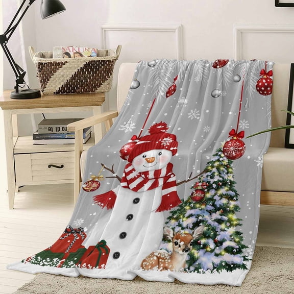 Christmas Snowman Throw Flannel Blanket 50x80In Winter Fir Leaves Xmas Ball Tree Grey Super Soft Cozy Bed Blanket, Lightweight Plush Fuzzy Bed Throw for Bedroom Sofa Couch Living Room