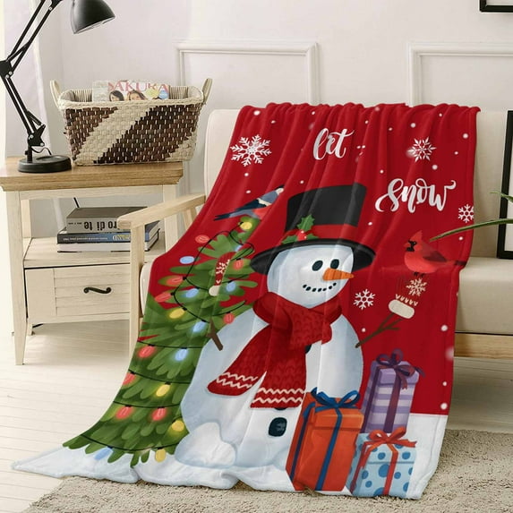 Christmas Snowman Throw Flannel Blanket 60x80In Red Winter Snowman Pine Tree Bird Xmas Box Super Soft Cozy Bed Blanket, Lightweight Plush Fuzzy Bed Throw for Bedroom Sofa Couch Living Room