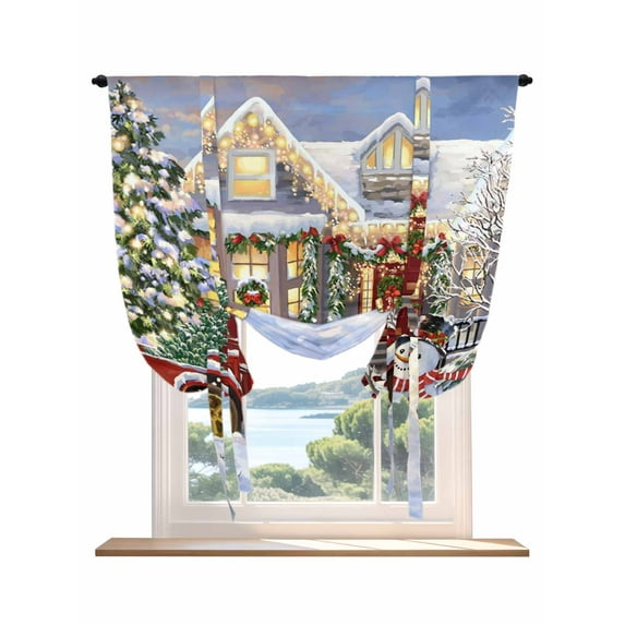 Christmas Snowman Tie Up Curtains for Windows 63 Inch Length Balloon Curtains Kitchen Adjustable Balloon Window Shade Xmas White Snowflake House Car Tie Up Valance Bathroom Curtain Window 52"x63"