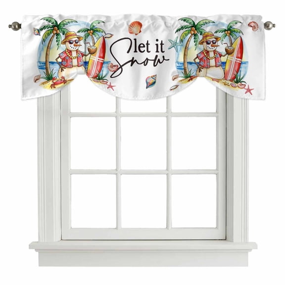 Christmas Snowman Tie Up Valance Curtains for Windows, Kitchen Curtains Window Treatments, Winter Coastal Beach Palm Tree Xmas Short Window Shades Valances for Bedroom Bathroom Cafe 54"x18"