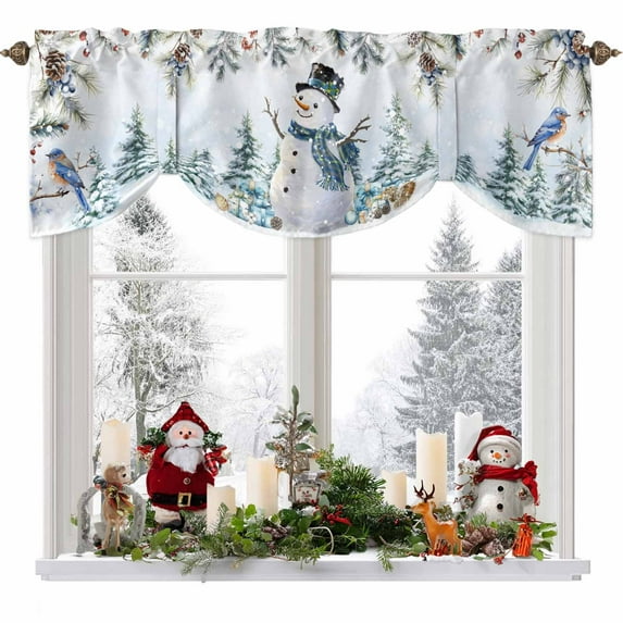 Christmas Snowman Tie Up Valances Curtain, Pine Leaf Forest Birds Berries Blue Snow Adjustable Rod Pocket Short Window Treatment Tie Up Curtains Valances for Kitchen Living Room Bathroom 60x18 Inches